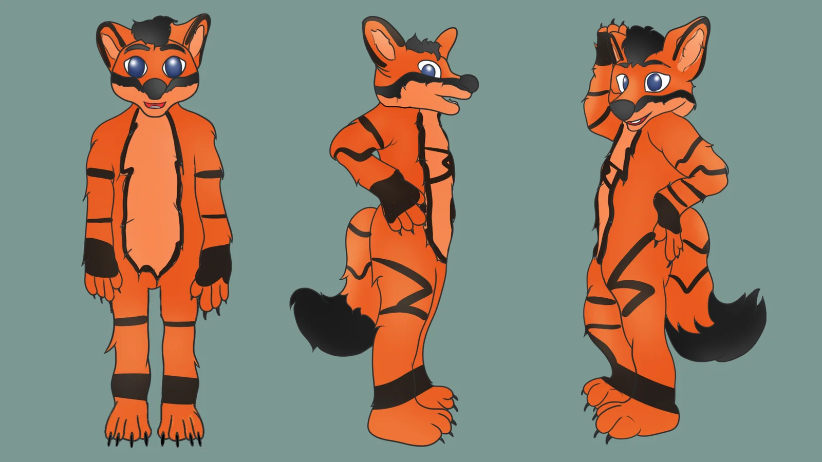 Gyro is a unique furry OC reference sheet featuring an orange and black fox with bright blue eyes and detailed front, side, and back views. Perfect for fursona, VTuber, game character, animation, and character concept art.